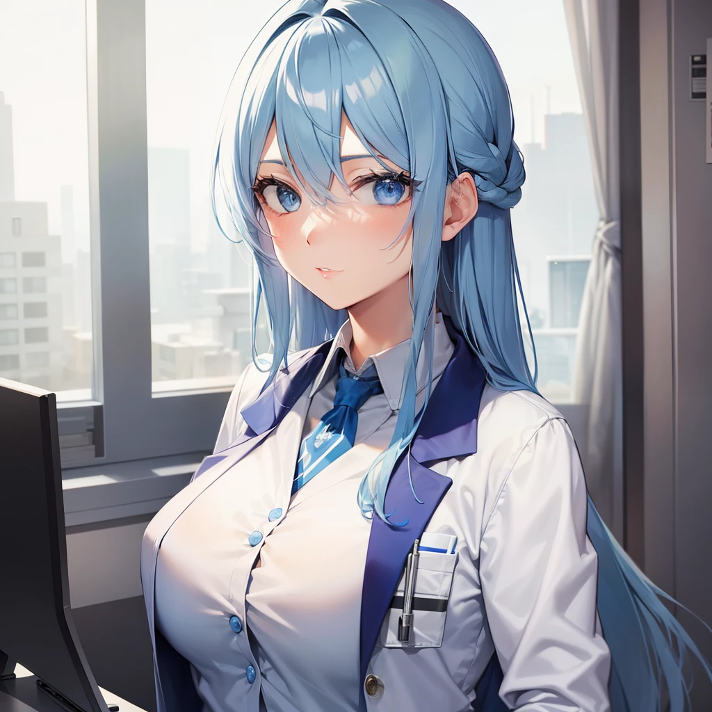 A beautiful woman with blue eyes and blue hair, wearing a doctor attire looking at you coldly