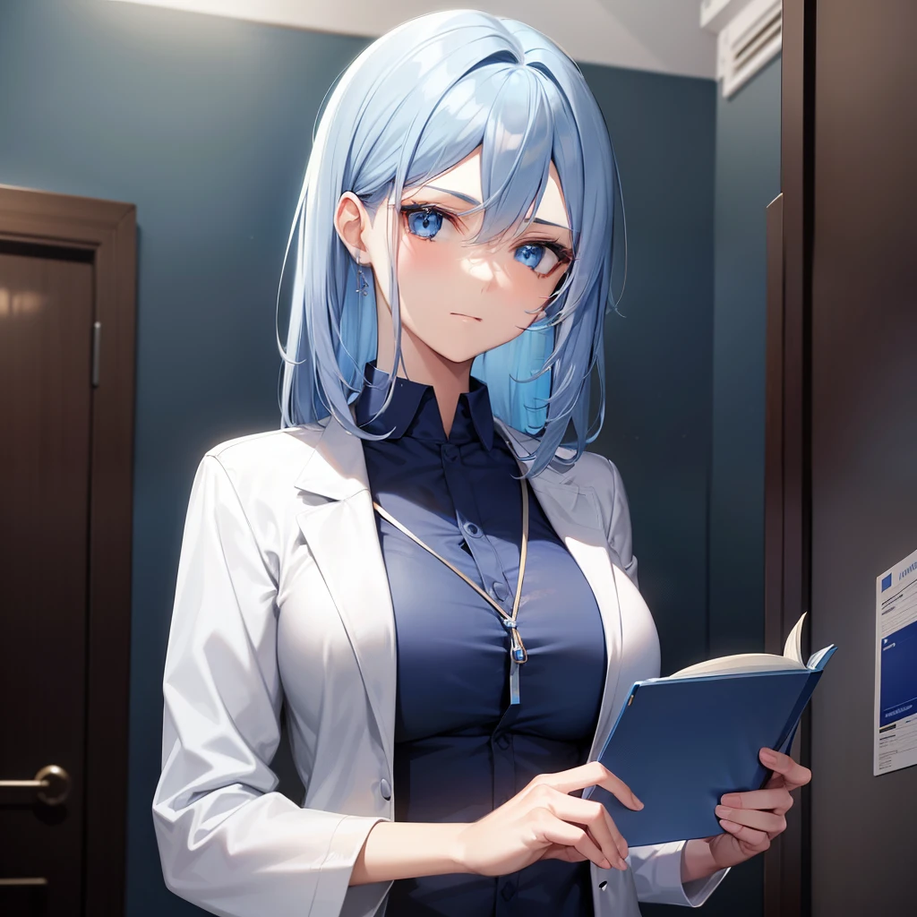A beautiful woman with blue eyes and blue hair, wearing a doctor attire looking at you coldly