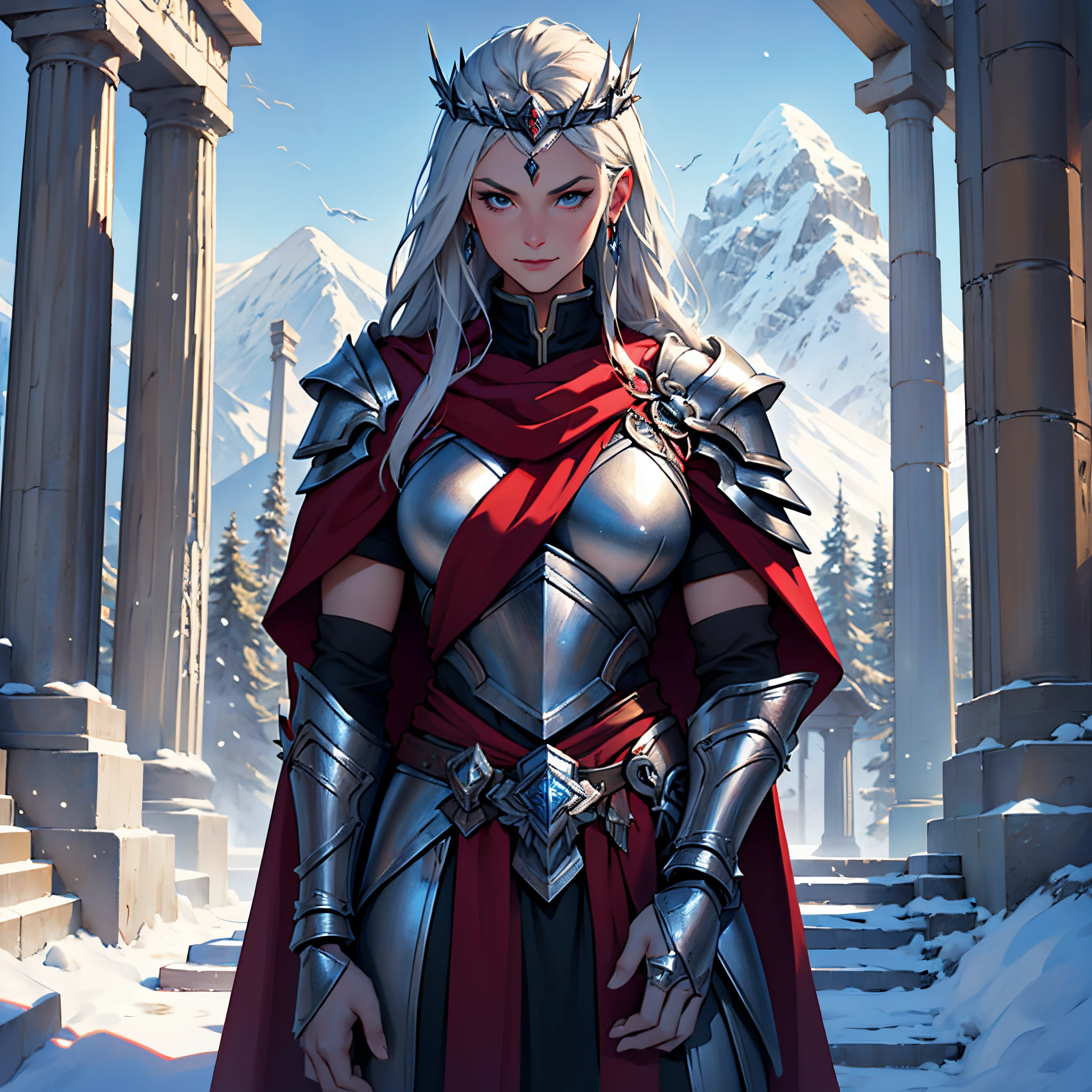 ​masterpiece, Best Quality, 4k, Background with:In front of the snow-covered stairs of a Greek temple with snow-capped mountains in the distance, One female Valkyrie warrior wearing silver armor and dark red cape, dark red, very long, straight hair, beautifull face , crown, Fantasy, close up portrait photo