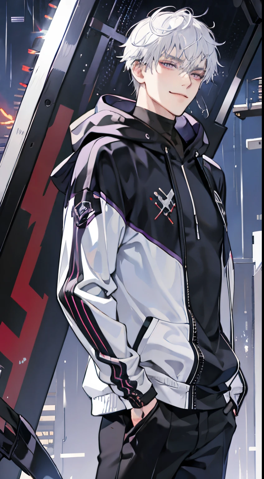 A man, solo, black hoodie, white hair, purple eyes, badass, smirk, gantle, rain