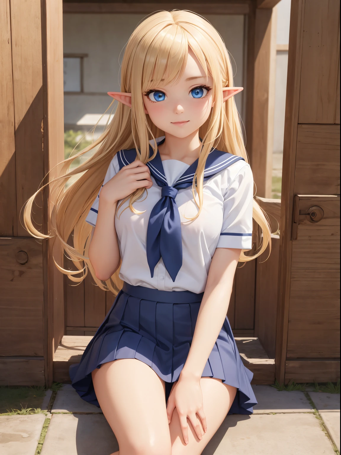 transparent background, simple background, nsf, 4K resolution, masterpiece, best quality, intricate detail, ultra detailed, High definition, realistic face, extremely beautiful, beautiful detailed face, beautiful body, beautiful detailed eyes, hyperrealistic character, photorealistic, realistic picture, country girl, lolita, girl focus, light smile, 1girl, elf girl, asian-face, blonde hair, pointy ears, blue eyes, small breasts, school uniform, summer uniform, hands on own thighs, hand on hand, sailor shirt, red neckerchief, skirt