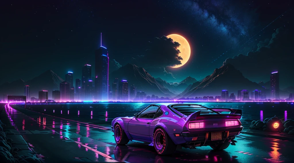 retrowave. city, 1969 Nissan S30, wide body kit, road,  purple neon lights, sun, mountain, 
(masterpiece,detailed,highres),