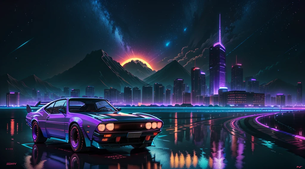 retrowave. city, 1969 Nissan S30, wide body kit, road, purple neon lights, sun, mountain,
(masterpiece,detailed,highres),