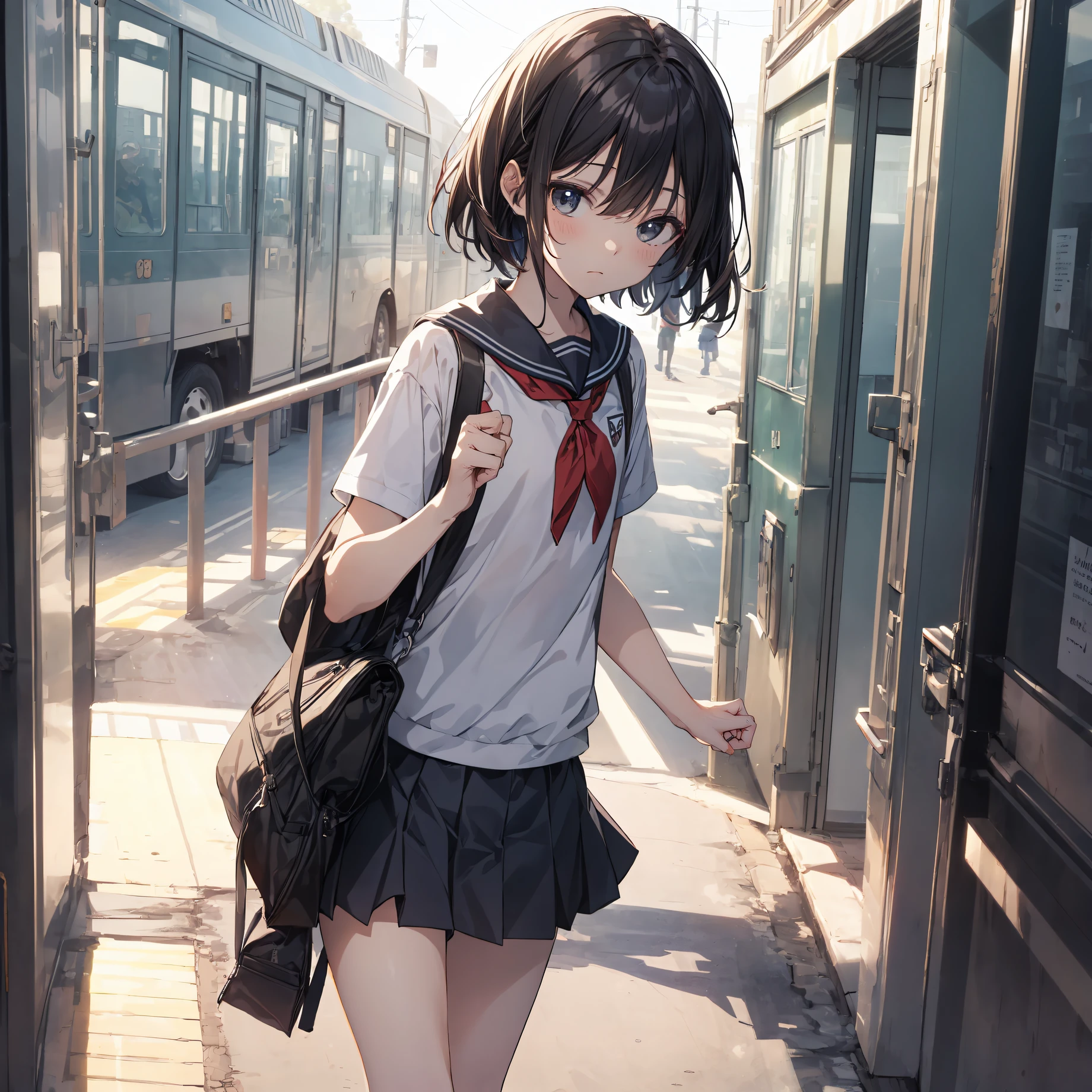 divine quality, anime moe art style,Best Anime 8K Konachan Wallpapers,Pixiv Contest Winner,Badass Anime 8K,Perfect Anatomy, (Draw a girl sleepily walking to school. ),BREAK, 1girl in, (Solo,Lori,,13yea:1.3),a junior gynous attraction, (Very short hair),hair messy, Full limbs, complete fingers,flat chest, Small butt, groin, Small eyes,Precise black eyes,disgusted eye, School uniform, On the way to school. BREAK,Ultra-detailed,High resolution,super detailed skin, Professional Lighting,8k eye details, (cool illustration:1.2),