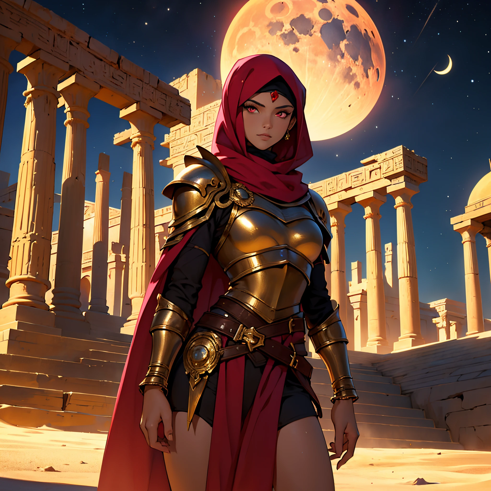 ​masterpiece, Best Quality, 4k, Very detailed, Background with: In front of egyptian temple stairs under the crescent moon in the desert night, Moroccan female warrior wearing Islamic armor(1 person), red hijab, Pink eyes, Fantasy, The perfect human body, flame, sandstorm, a blond,frontage