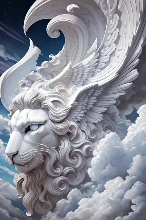 textura de marmol , nubes de tormenta , angel and winged lion variation  . humo y nubes  , Realistic tattoo design , hiperrealista n textura de estatua y nubes , de costado la imagen , ornamentos romanos , WMASK , white background design for sleeve tattoo