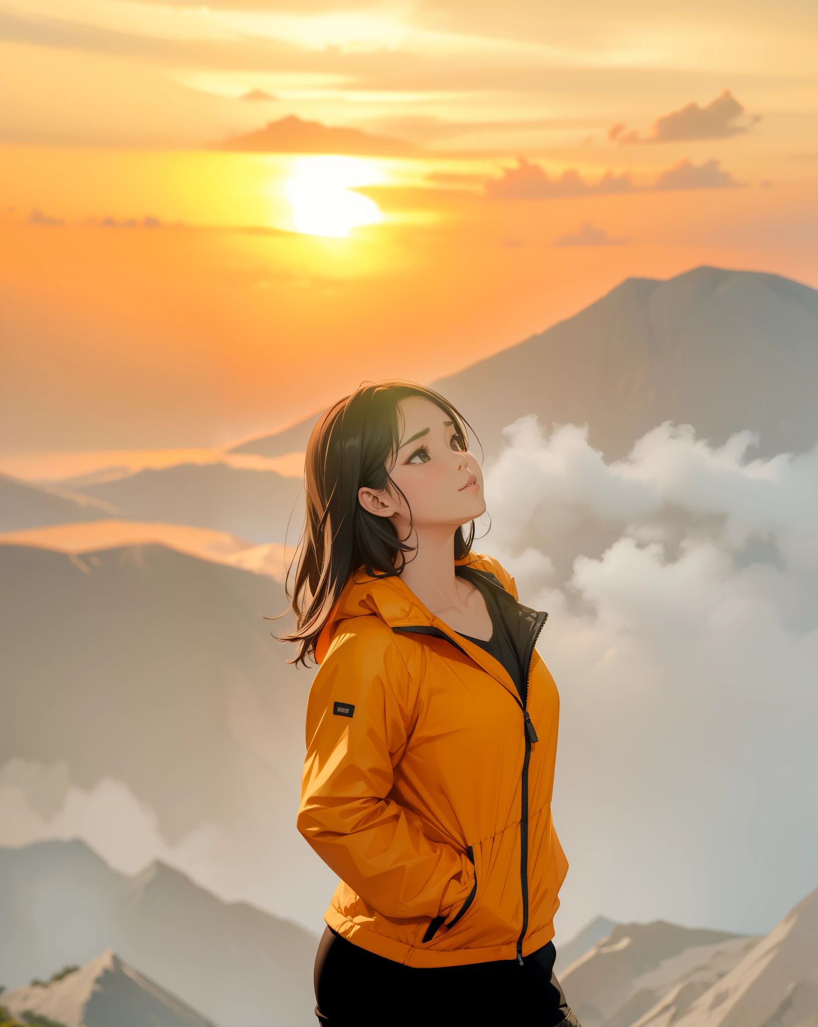 1 gadis cantik, sedang berada di puncak gunung, memakai jaket oren, dan kaos hitam, kulit putih, gaya detai sesuai foto, celana hitam, rambut panjang, rambut pirang, bibir merah dan tersenyum, mata indah, hidung mancung, menghadap samping, mata hitam