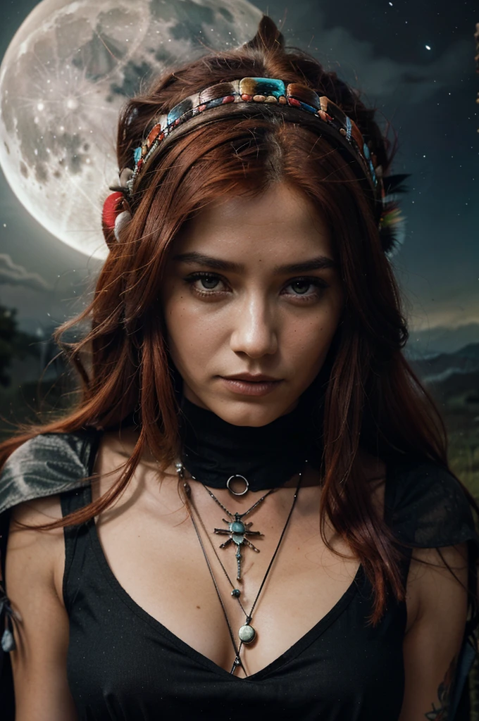 A beautiful red haired girl with a native American chief headdress. Luis Royo bookmark of surrealistic dreams, magic, watercolor, ink, acrylic, double exposure, futuristic, fantasy, great detail, mid-night, moon, fog, gothic gloom, art on a cracked paper, storybook detailed illustration, cinematic, ultra highly detailed, tiny details, beautiful details, mystical, luminism, vibrant colors
