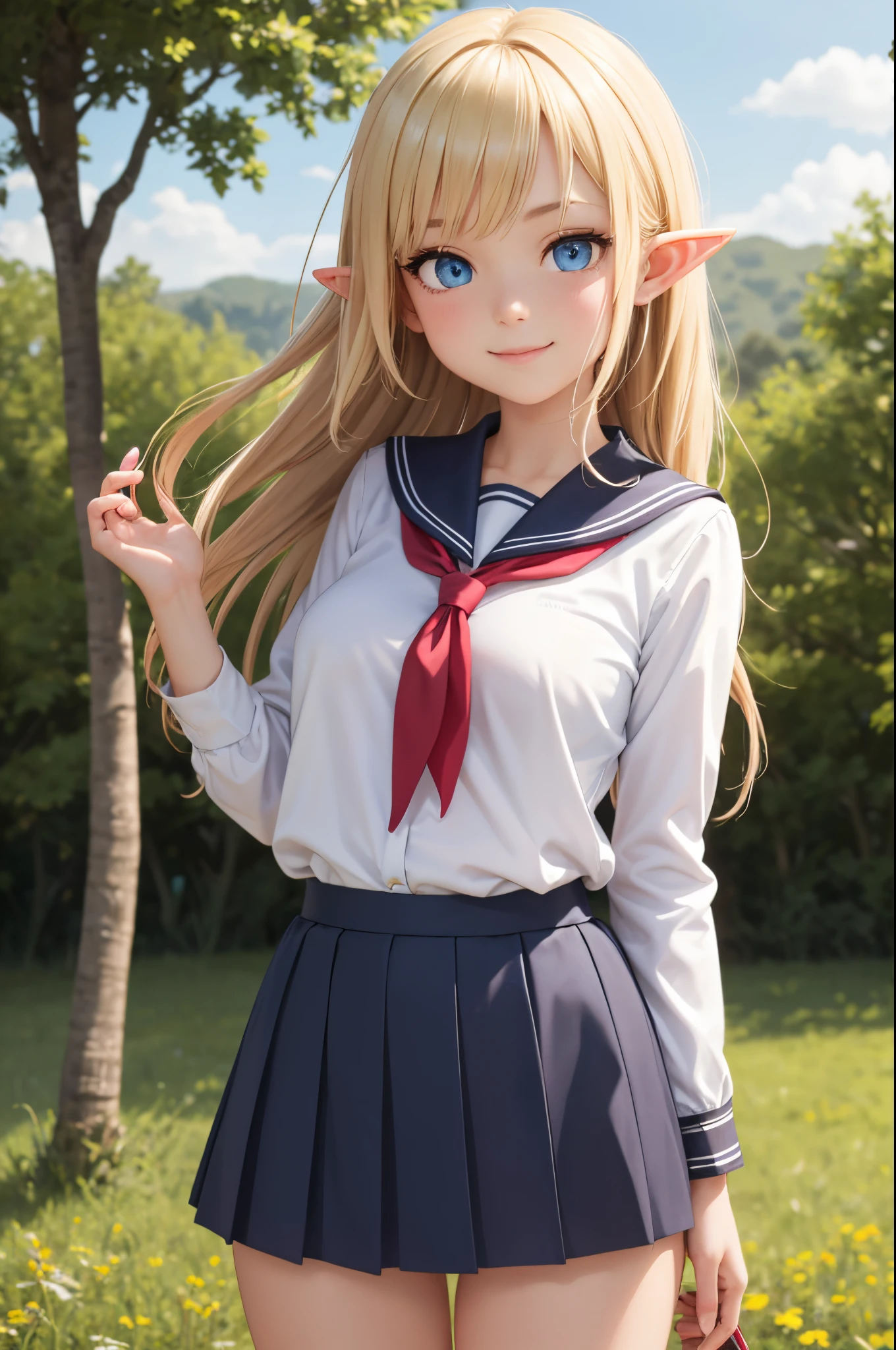 nsf, 4K resolution, masterpiece, best quality, intricate detail, ultra detailed, High definition, realistic face, extremely beautiful, beautiful detailed face, beautiful body, beautiful detailed eyes, hyperrealistic character, photorealistic, realistic picture, country girl, lolita, girl focus, light smile, 1girl, elf girl, asian-face, blonde hair, pointy ears, blue eyes, small breasts, school uniform, summer uniform, hands on own thighs, hand on hand, sailor shirt, red neckerchief, skirt, girl standing in a field with plants in the background and a tree