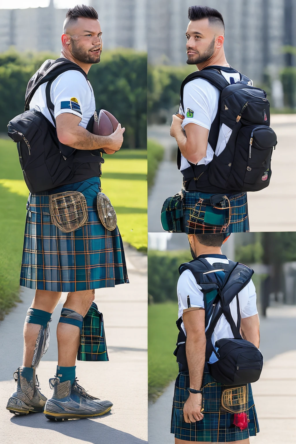 Full body Scottish kilt, football shirt, soft mohawk, carrying a backpack, Japanese man in his 50s
