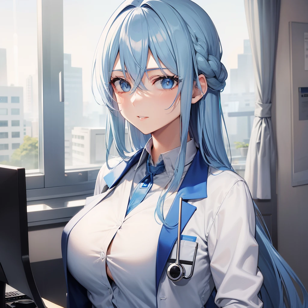 A beautiful woman with blue eyes and blue hair, wearing a doctor attire looking at you coldly