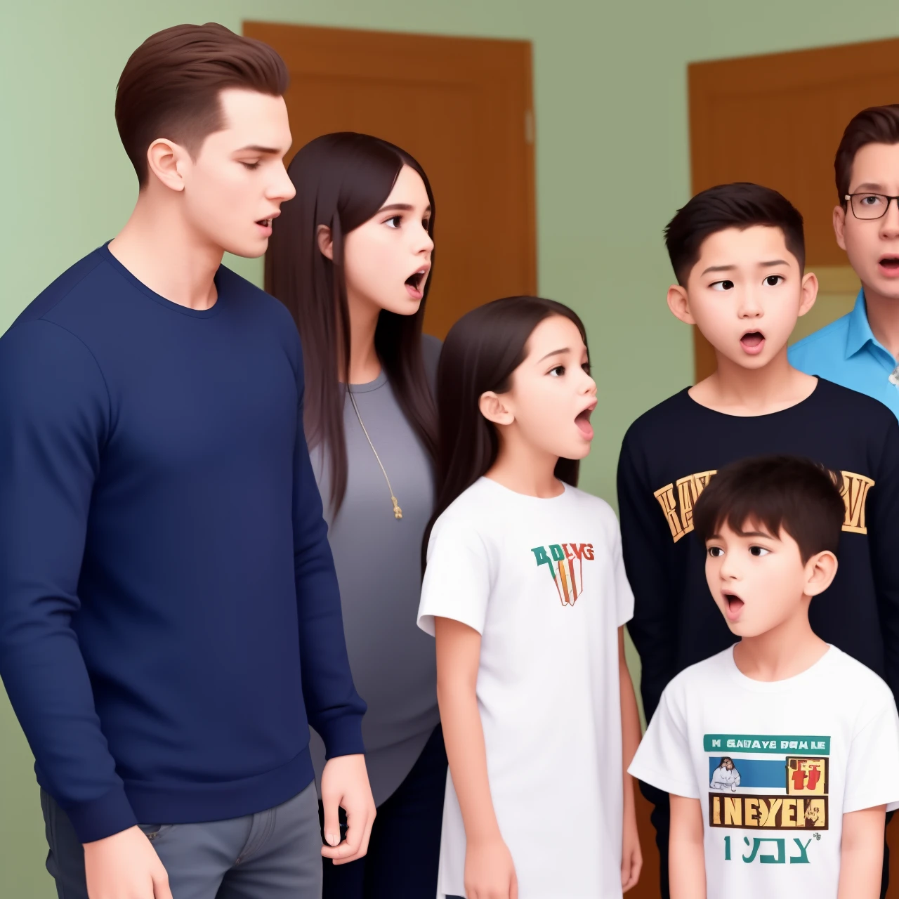 3 kids standing in a row, 1st child getting yelled at, the 2nd child getting praised and the 3rd child getting ignored by their parents