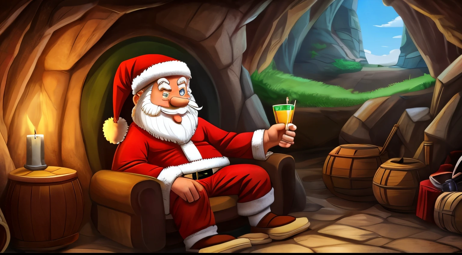 Santa Clause sat in his grotto drinking his favourite drink as a cartoon style