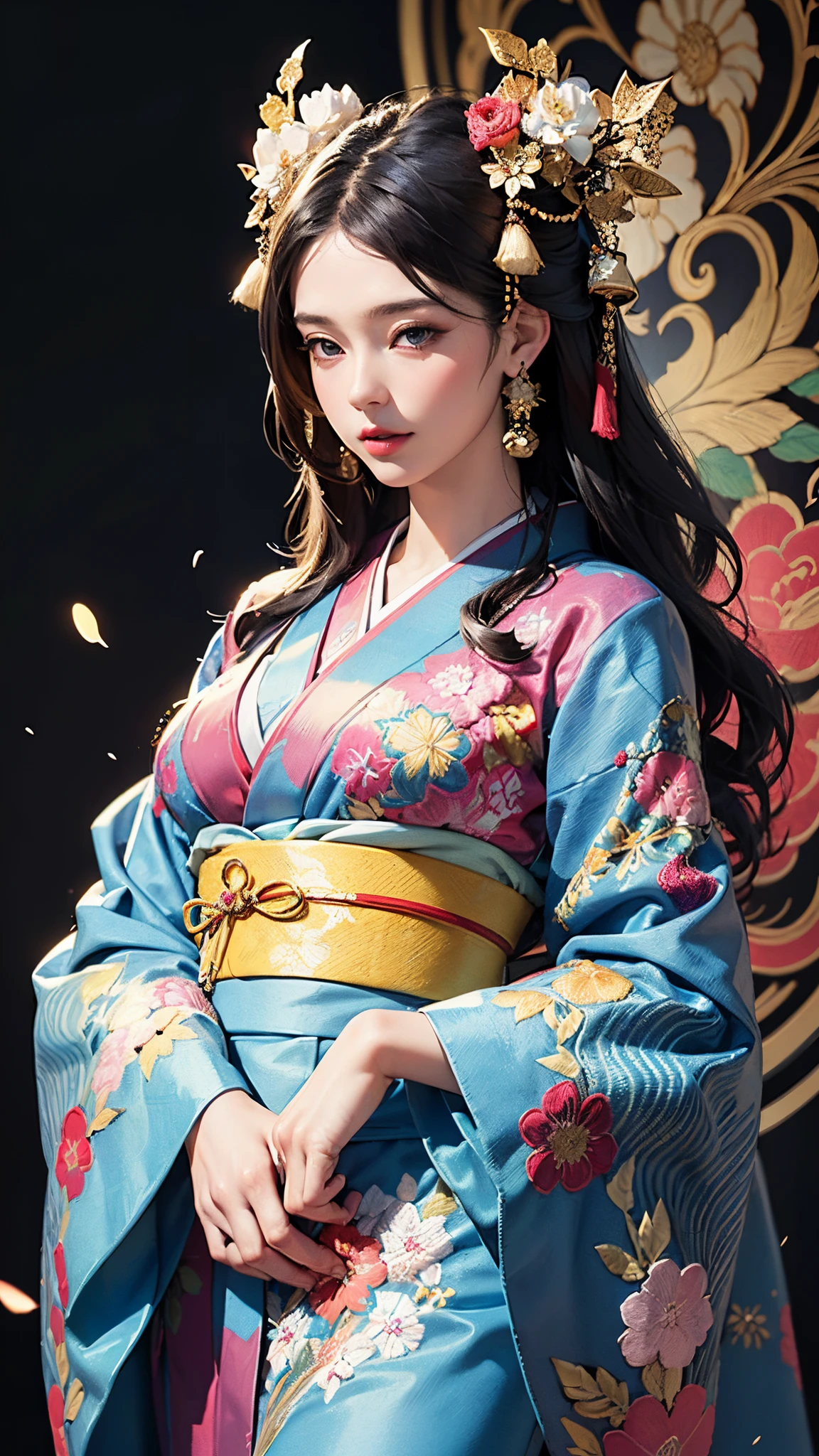 (masterpiece, top quality, best quality, official art, beautiful and aesthetic:1.2), (1girl),elaborate costume(Luxurious Japan kimono(Colorful kimono(detailed embroidery))), extreme detailed,(Fractal art),colorful,highest detailed,Mandala in the background