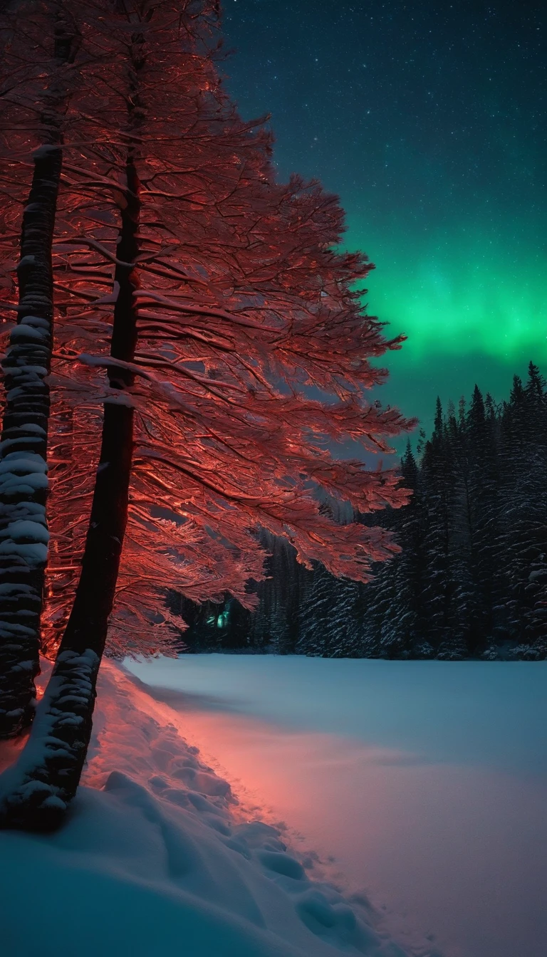 outdoor paysage, christmas, Santa, cadeaux, guirlande, Vacances, neige, sapin, Nuit, starry night sky, lac, lights, rouge, Aurora borealis