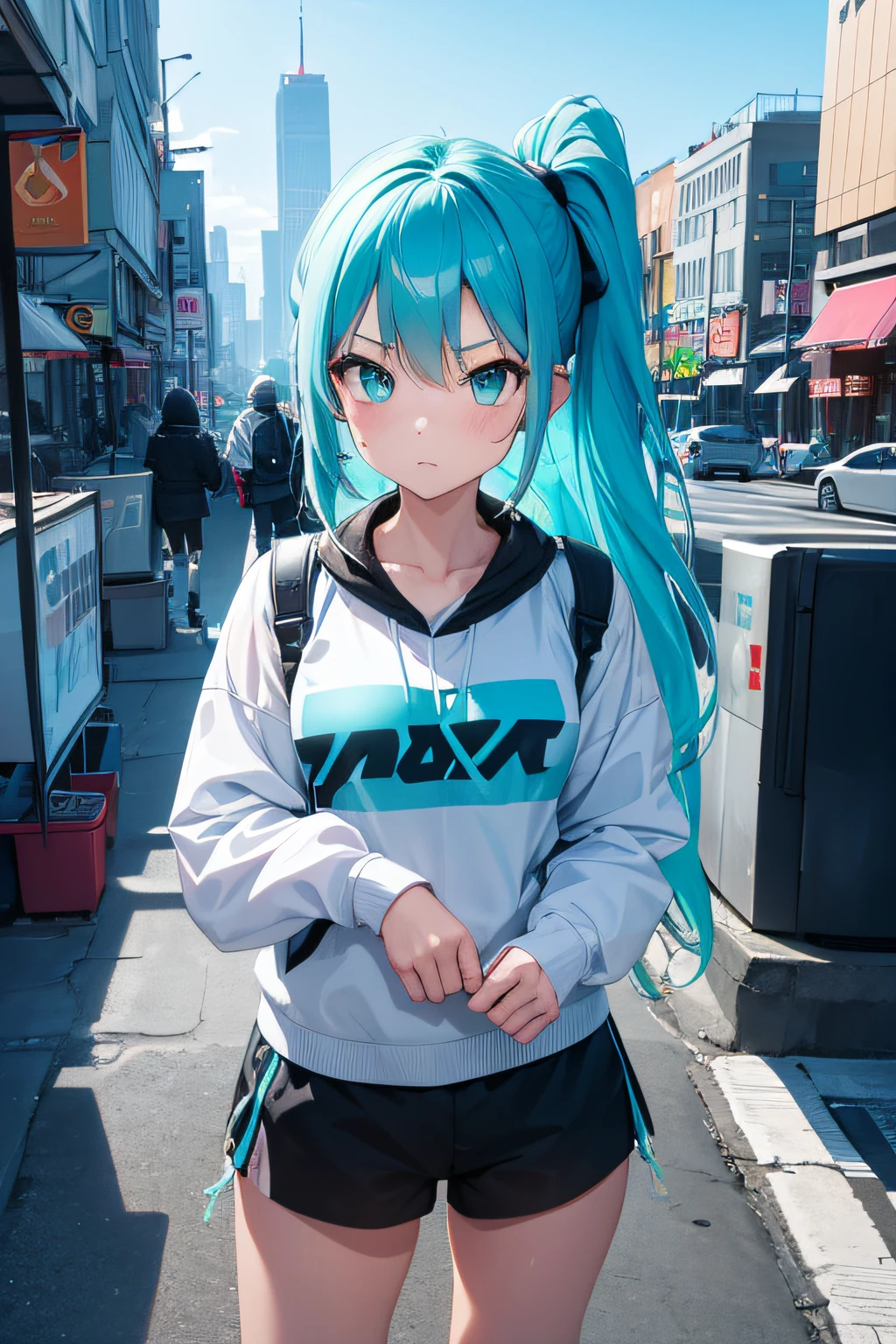 1 girl, streetwear, aqua hair, aqua eyes, neon, city, absurdres, high res, ultrasharp, 8k, masterpiece, aesthetic,