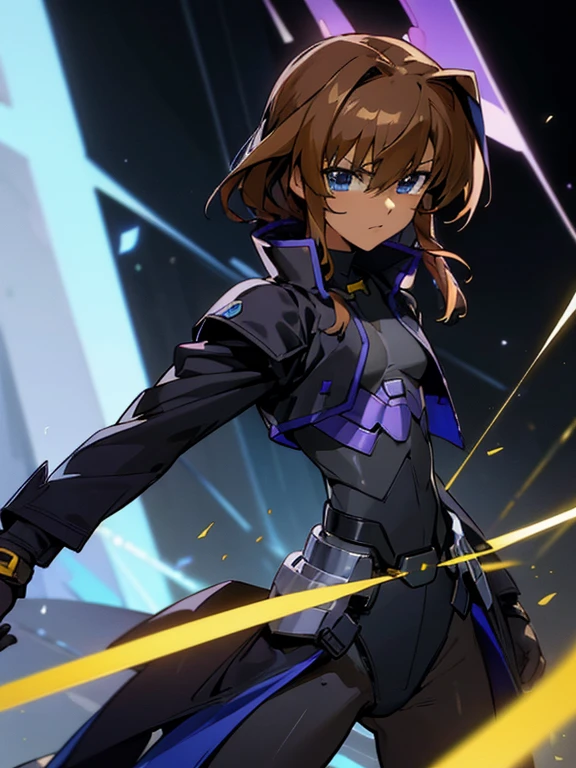 Masterpiece, high res, 4k, (male) (Magical girl lyrical nanoha) wearing a black magic barrier jacket armour, black bodysuit, dark skin, otokonoko, medium dark brown hair, beautiful blue eyes, (flat chested), cute, black gloves, close up, cool pose,