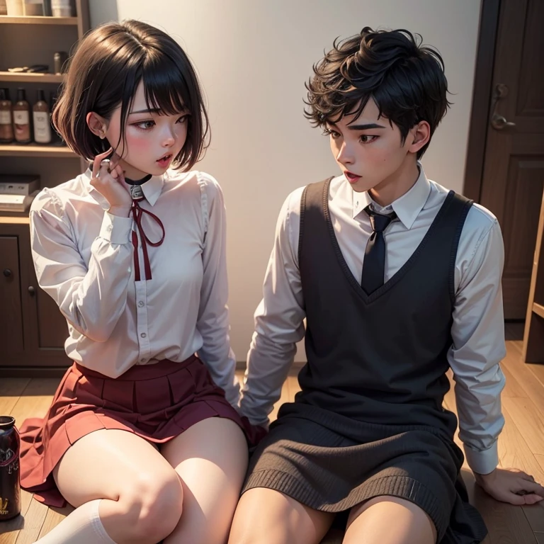 a room、Two people sitting on the floor of a room drinking alcohol、The table、Drunken teenage boys、Sit next to boyfriend、Lean on the man next to you、Pampering、Yaoi、Two gay teenagers、A dark-haired、male-centered、The skirt、knee high socks、short hair、 Staring at others、in a house、emo and goth、Opening Mouth、See our partners、Far from the camera、the kiss、red blush、adorable yet sexy、Femboy in a collar
