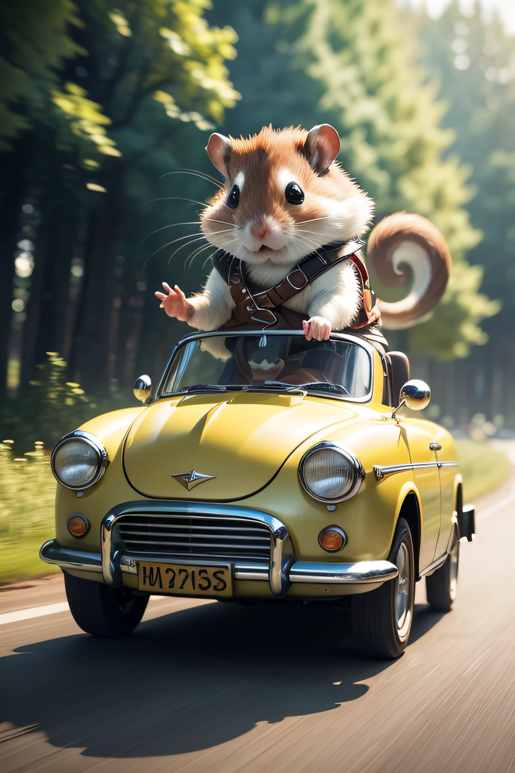 hamster adventurer, Adventurer's Costume, A happy hamster riding in a retro convertible car, (Motion Blur), (best composition), (masutepiece), (Best Quality), (ultra high detail)