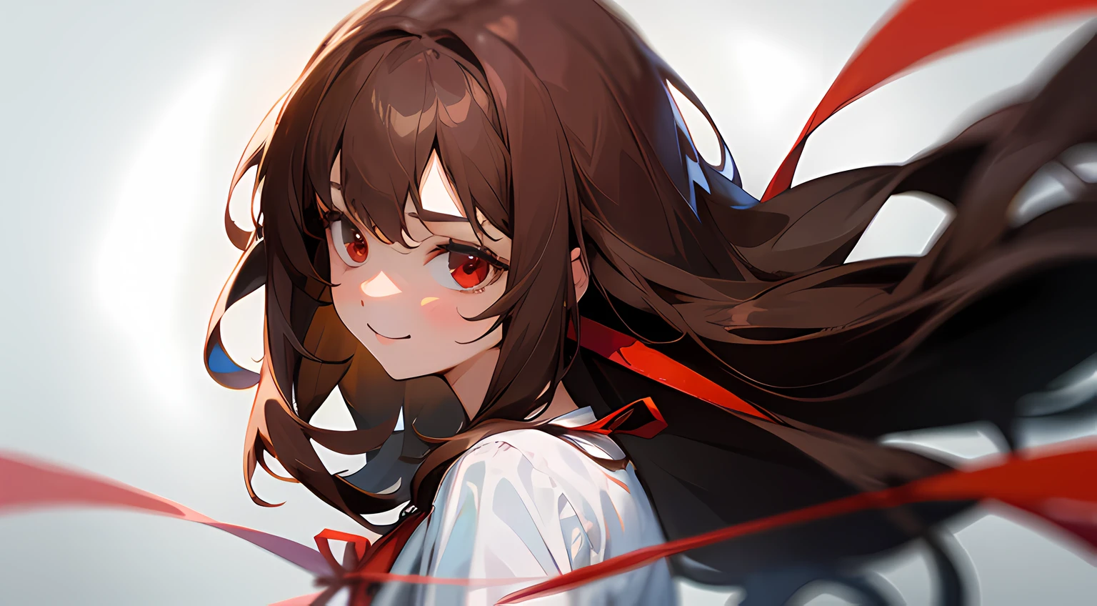 1girl, long brown hair, red eyes, wearing plain white shirt, wearing red ribbon in hair, upper body shot, happy, absurdres, high res, ultrasharp, 8k, masterpiece