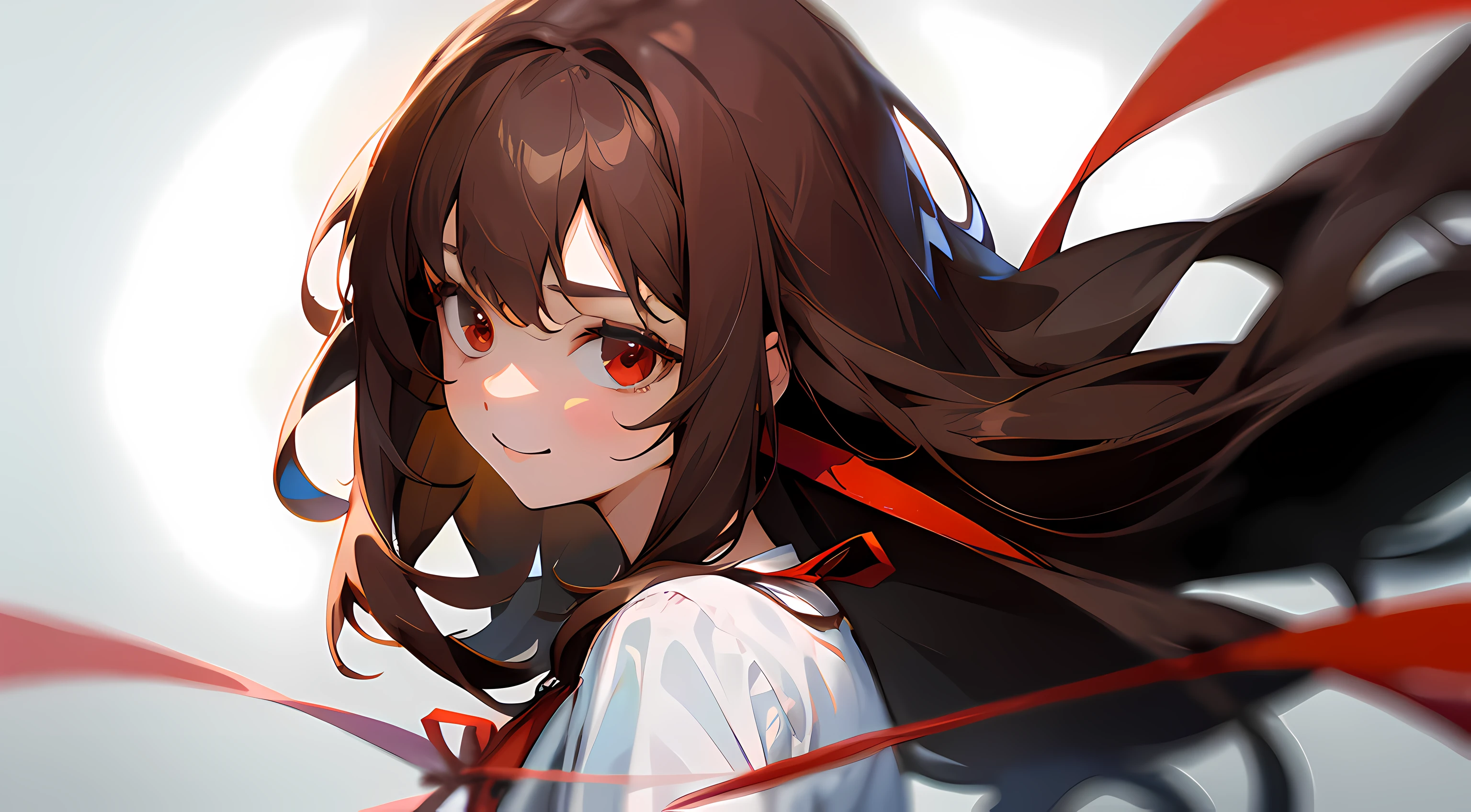 1girl, long brown hair, red eyes, wearing plain white shirt, wearing red ribbon in hair, upper body shot, happy, absurdres, high res, ultrasharp, 8k, masterpiece