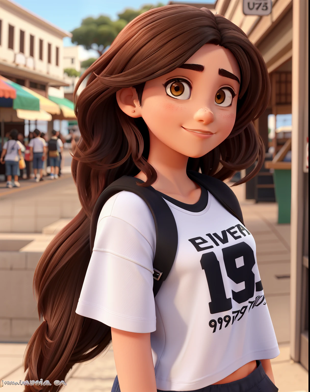 Uma jovem, morena, cabelo amarrado, entre 19 anos de idade, parada em frente a um caixa de mercado, camiseta preta e vermelha com o nome "Keila" na camiseta