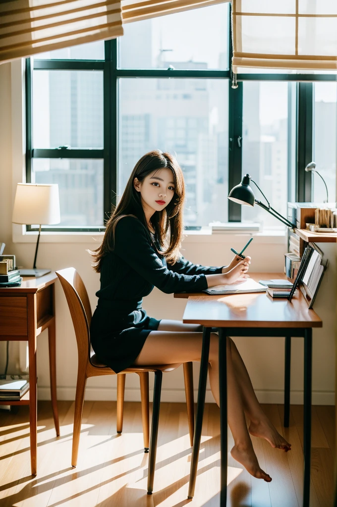 Woman sitting at desk in office,The Raphael Tower can be seen from the window, gorgeous young korean woman, beautiful Korean women, korean artist, Korean girls, korean woman, sittinng on the desk, beautiful young korean woman, Korean fashion model, Sitting at your desk, Warm lighting, Bae Xiuzhi, Sit in a chair, Sitting at your desk, captivating posture
