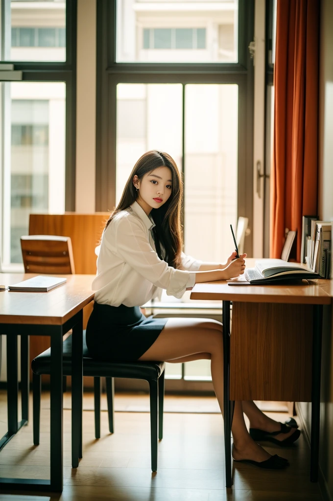 Woman sitting at desk in office,The Raphael Tower can be seen from the window, gorgeous young korean woman, beautiful Korean women, korean artist, Korean girls, korean woman, sittinng on the desk, beautiful young korean woman, Korean fashion model, Sitting at your desk, Warm lighting, Bae Xiuzhi, Sit in a chair, Sitting at your desk, captivating posture