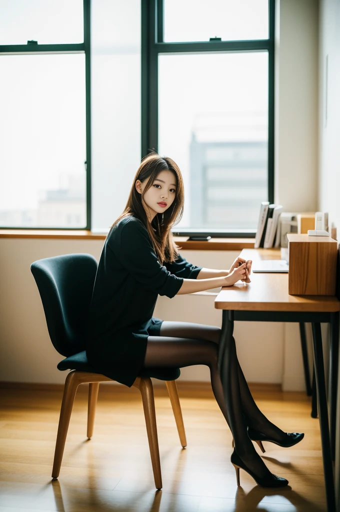 Woman sitting at desk in office,The Raphael Tower can be seen from the window, gorgeous young korean woman, beautiful Korean women, korean artist, Korean girls, korean woman, sittinng on the desk, beautiful young korean woman, Korean fashion model, Sitting at your desk, Warm lighting, Bae Xiuzhi, Sit in a chair, Sitting at your desk, captivating posture