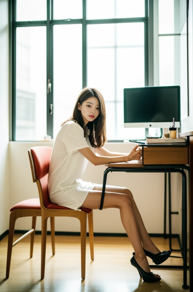 Woman sitting at desk in office,The Raphael Tower can be seen from the window, gorgeous young korean woman, beautiful Korean women, korean artist, Korean girls, korean woman, sittinng on the desk, beautiful young korean woman, Korean fashion model, Sitting at your desk, Warm lighting, Bae Xiuzhi, Sit in a chair, Sitting at your desk, captivating posture