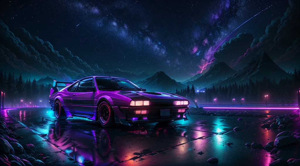 retrowave。城市， Toyota AE86， wide body kit， pathway， PURPLE NEON MONITOR LIGHT， the night， mont，（tmasterpiece，A detailed，A high resolution），starrysky，The car is on the left side of the screen