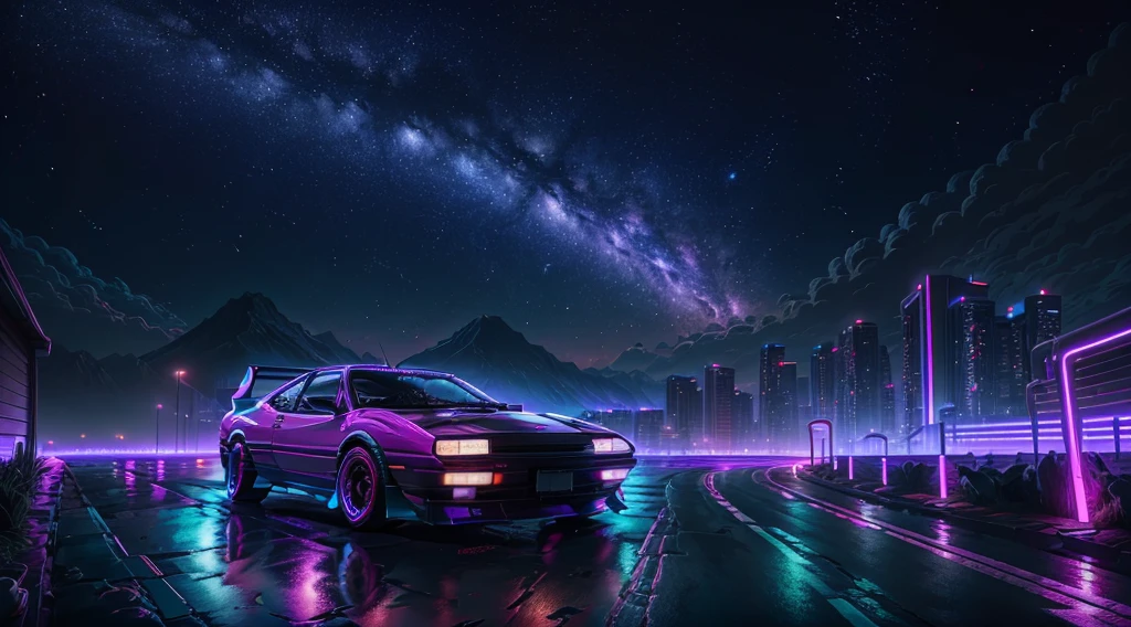 retrowave。城市， Toyota AE86， wide body kit， pathway， PURPLE NEON MONITOR LIGHT， the night， mont，（tmasterpiece，A detailed，A high resolution），starrysky，The car is on the left side of the screen