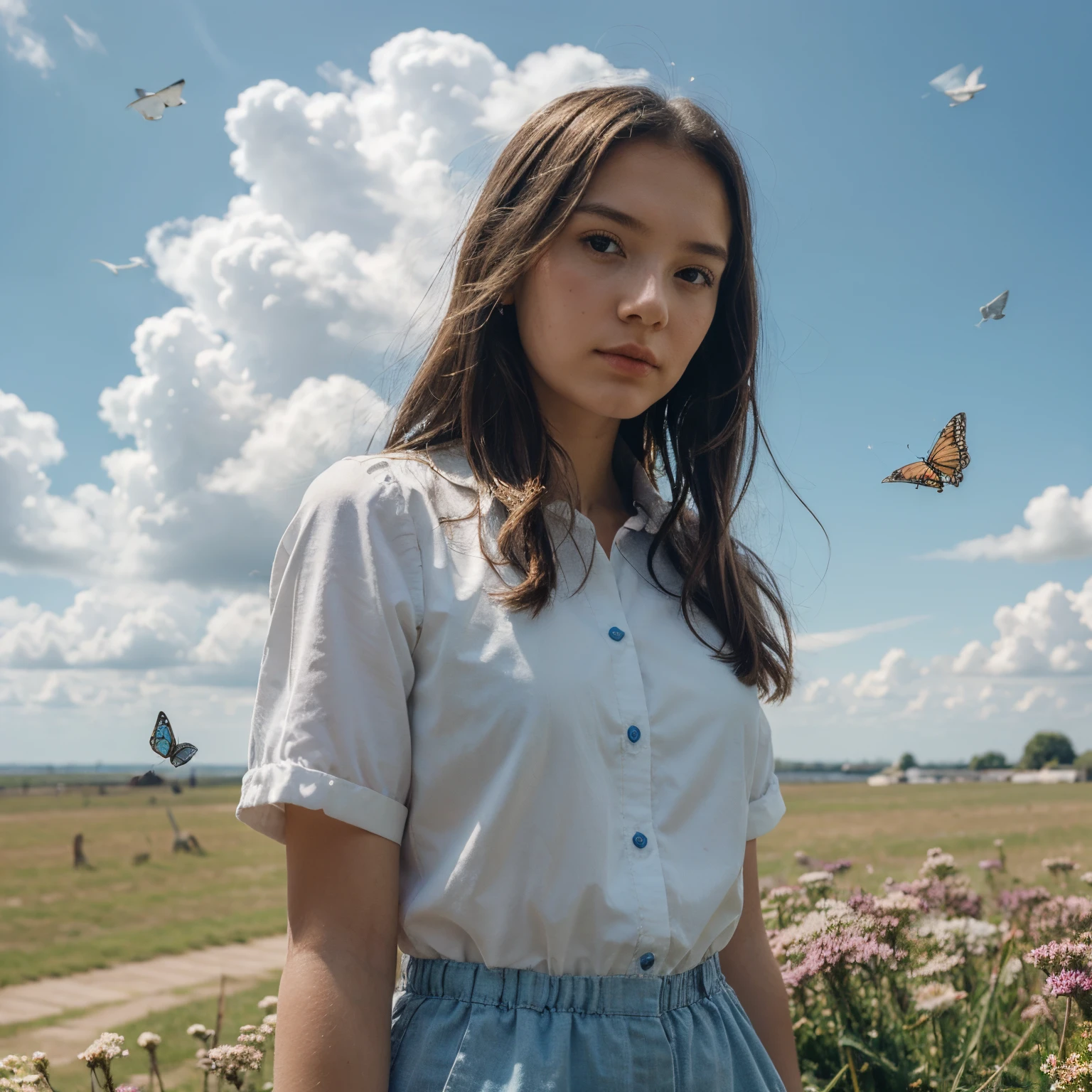 masterpiece, best quality, 1girl, bird, seagull, sky, cloud, polka_dot, blue_sky, solo, cloudy_sky, bug, butterfly, day, blush, flock, outdoors, Abigail