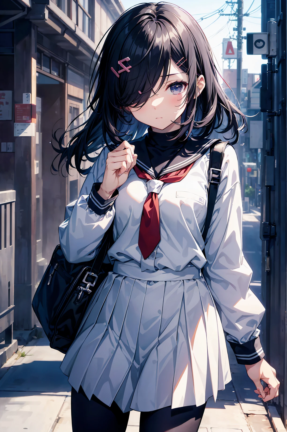 top-quality, anime moe art style,Best Anime 8K Konachan Wallpapers,Pixiv Contest Winner,Perfect Anatomy, (Draw a girl sleepily walking to school. ),BREAK, 1girl in, (Solo,Lori,child,13years:1.3),High school students, Short hair, Forehead, (Hair over one eye:1.4),Full limbs, complete fingers,medium breasts, groin, Small eyes,Precise black eyes, hair clips, School uniform, On the way to school. BREAK,Ultra-detailed,High resolution,super detailed skin, Professional Lighting,8k eye details, (Cute illustration:1.2),