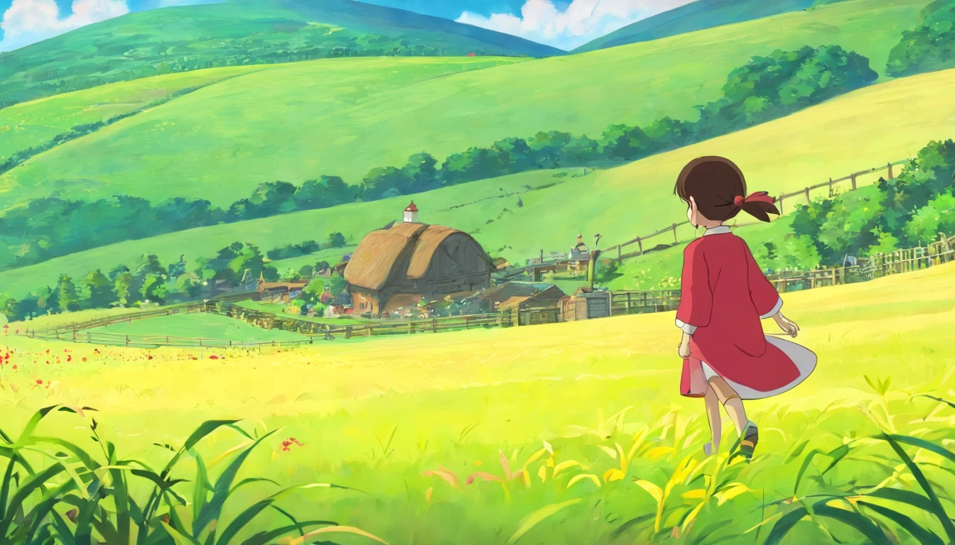 farm land,Younger sister,7 years old,Red clothes,Playing in the farmland,Faraway view