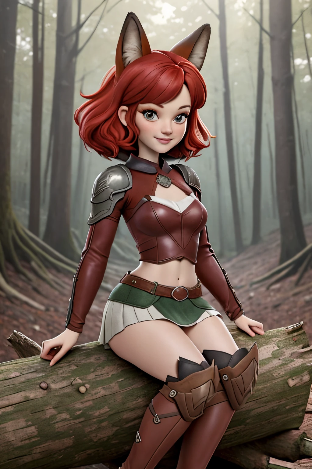 Beautiful 1girl in, fullbody, ager, Solo, vibrant red hair, straight red hair, short red hair, light gray eyes, some small freckles, pale skin, medium breasts, cleavage, runners body, (thin hips, thin waist: 1.25), (arched back:1.12), detailed skin, neutral face, mischievous smile, revealing clothes, (wearing cropped leather tunic green, leather skirt, van braces, armored boots: 1.1), looking at viewer, (sitting down on a log: 1.22), (dark dark red fox ears:1.25), (detailed magical forest background:1.1), creek, overlooking opening in forest, 4k textures, soft light, elegant, highly detailed, sharp focus, soothing tones, insane details, intricate details, hyperdetailed, low contrast, exposure blend, hdr, faded