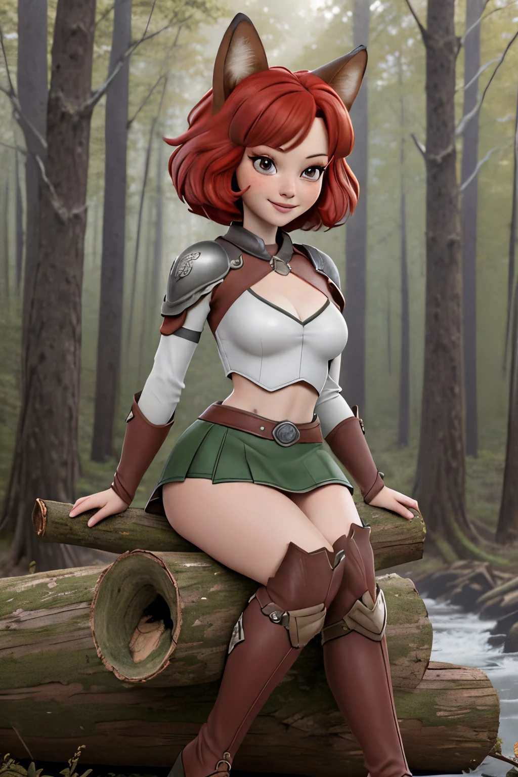 Beautiful 1girl in, fullbody, ager, Solo, vibrant red hair, straight red hair, short red hair, light gray eyes, some small freckles, pale skin, medium breasts, cleavage, runners body, (thin hips, thin waist: 1.25), (arched back:1.12), detailed skin, neutral face, mischievous smile, revealing clothes, (wearing cropped leather tunic green, leather skirt, van braces, armored boots: 1.1), looking at viewer, (sitting down on a log: 1.22), (dark dark red fox ears:1.25), (detailed magical forest background:1.1), creek, overlooking opening in forest, 4k textures, soft light, elegant, highly detailed, sharp focus, soothing tones, insane details, intricate details, hyperdetailed, low contrast, exposure blend, hdr, faded