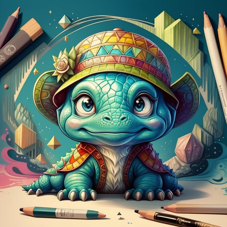(baby dinosaur with hat), Munchkin ,Geometric multidimensional wall portrait, livro de arte, Tchibi,
Yang08k, Beautiful, Colouring,
Obras, of the highest quality, best quality, Arte Oficial, Beautiful and Aesthetic,