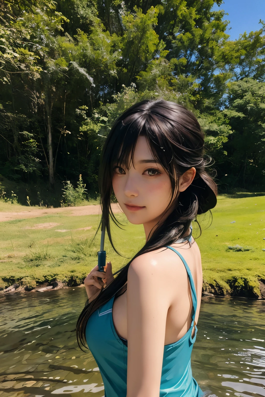 1girl, solo, outdoors, rural, water, photorealistic, realistic, photoraphy, cosplay
