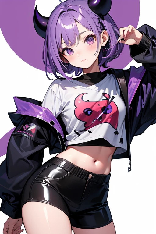 Secondary painting style, mini, cute, head-to-body ratio 1:1, purple hair, cute and charming, little devil, expression a little belly black, clothes are cute or casual