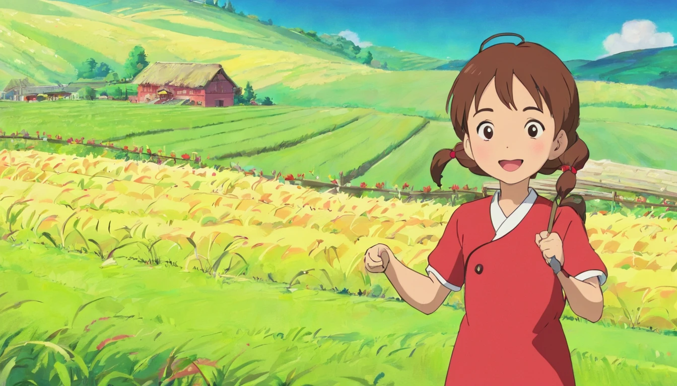 farm land，Younger sister，7 ，Red clothes，inside farmland，Close-up，Laugh happily