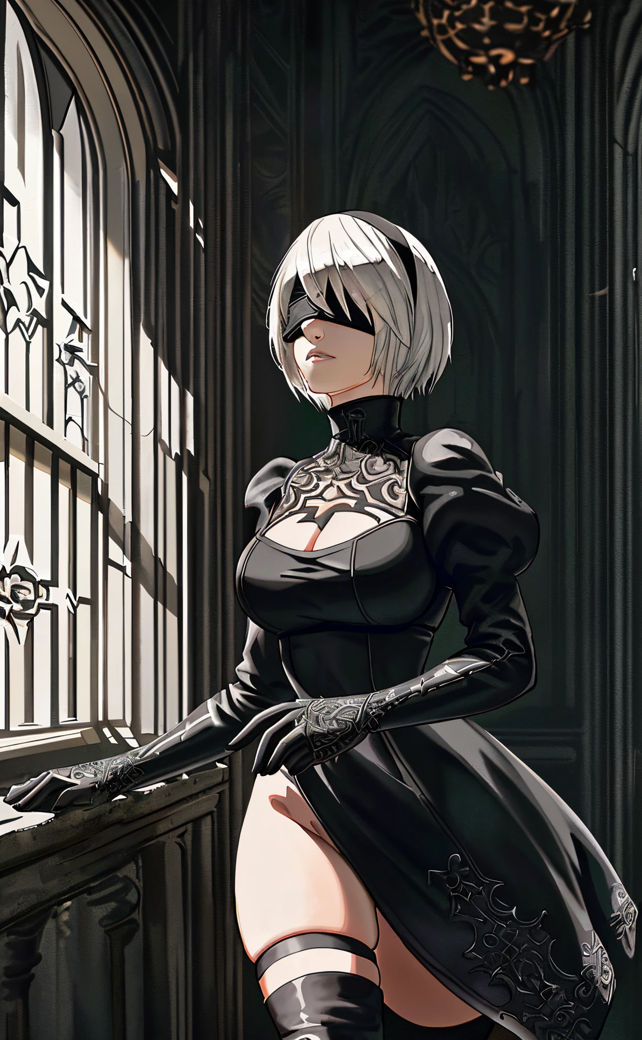 [n_2b], [nier automata], ((masterpiece)), ((HD)), ((high quality)), ((solo portrait)), ((full body)), ((semi-realistic)), ((detailed shading)), ((beautiful render art)), ((cinematic lighting)), ((intricate details)), {(beautiful woman), (slender figure), short white hair, small boobs, (beautiful legs), (beautiful lips), (gorgeous hips), (expressionless)}, {(black split dress), (cleavage), (white leotard), (black blindfold), (black hairband), (black knee-high boots), (opaque black thigh-high socks), {(standing), (dynamic pose), (looking ahead)}, [Background; (grass plains), (city ruins), (grey sky), (sun rays)]