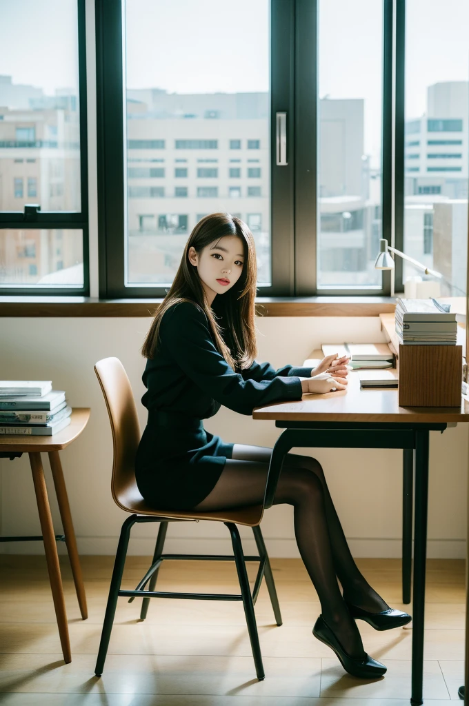 Woman sitting at desk in office，Raphael Tower visible from the window, gorgeous young korean woman, beautiful Korean women, korean artist, Korean girls, korean woman, sittinng on the desk, beautiful young korean woman, Korean fashion model, sit at your desk, warmly lit, Bae Xiuzhi, sit on chair, sit at your desk, captivating posture