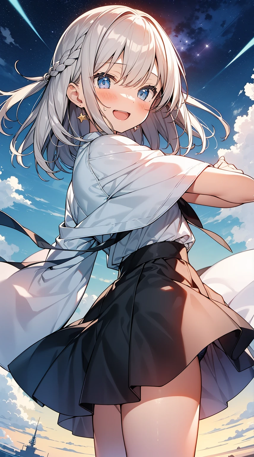 ((masutepiece, Best Quality)), (1girl in), (Solo), (female focus), (confront the hero), (Hair that flutters in the wind, White hair, Medium Short Bob,Short side braid), Young Face, upward facing light blue eyes, lightsmile, Open mouth, ((Underwear), (Striped)), Starry sky in the background, Dynamic Angle,Japan High School Student, Cute little girl s
