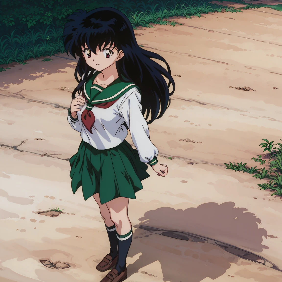 Best Quality, 巨作, ((anime)) ((Colored)) HD, Kagome Higurashi, 1girl, school uniforms, Standing, Green skirt, long  hair, Black hair between the eyes, long  hair, Red scarf, chest, smile, Full body, wallpaper