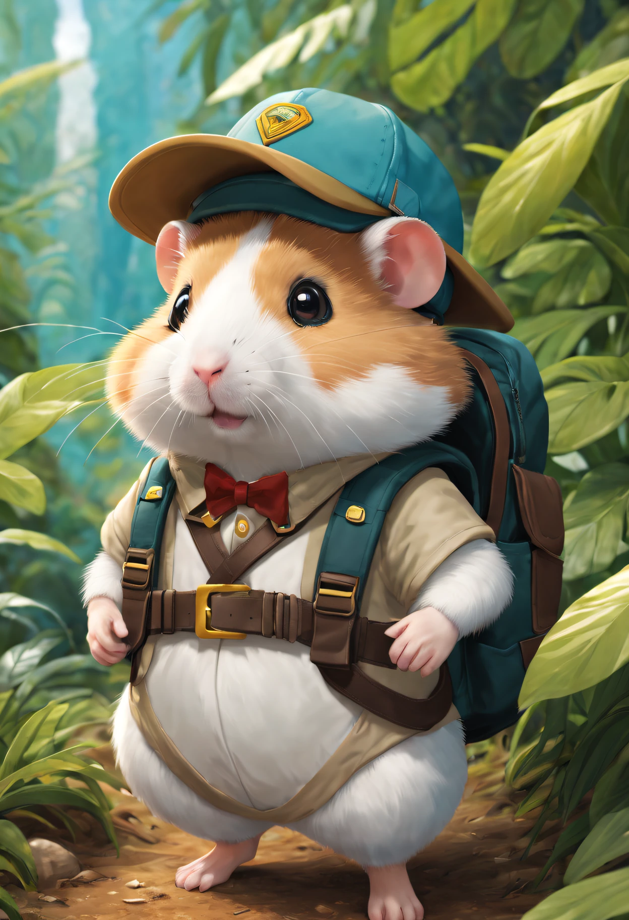 ((tmasterpiece)), Best quality, (8K, Best quality, tmasterpiece:1.2), ultra - detailed, illuminations, Hamster Adventurer，Wear outdoor adventure clothing,Wearing an adventure hat，Carrying an adventure backpack。Explore the virgin jungle。