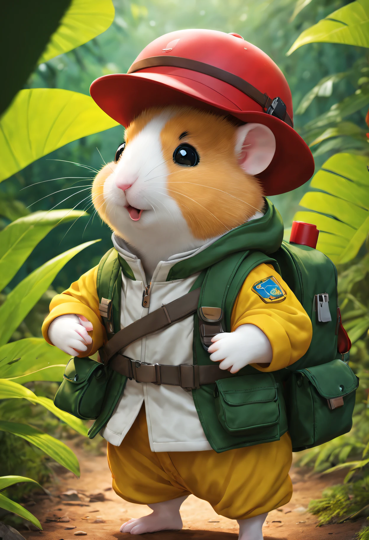 ((tmasterpiece)), Best quality, (8K, Best quality, tmasterpiece:1.2), ultra - detailed, illuminations, Hamster Adventurer,Wear outdoor adventure clothing,Wearing an adventure hat,Carrying an adventure backpack。Explore the virgin jungle。