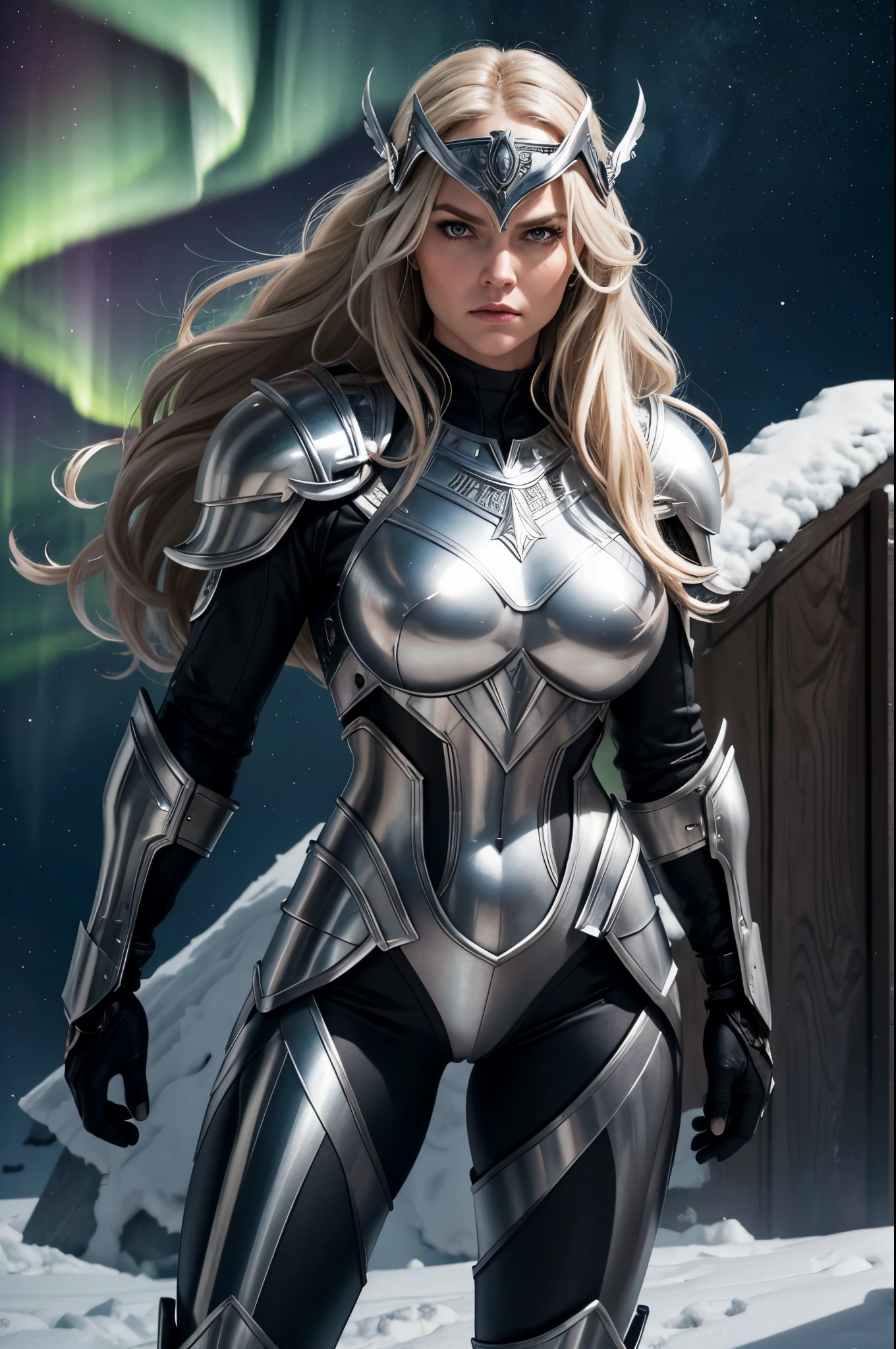 BOMBSHELL VALKYRIE, MATURE WOMAN, 30 YEARS OLD, ATHLETIC BODY, MUSCLES, HUGE LONG HAIR, BLOND HAIR, GRAY EYES, ROSY CHEEKS, VALKYRIE HELM, ANGRY FACE EXPRESSION, SILVER HELM, BLACK BODYSUIT UNDER ARMOUR, FULL BODY SILVER ARMOUR, SHINING ARMOUR, MITHOLOGY, NIGHTSKY, NORTHERN LIGHTS, CCURATE, 16K QUALITY.