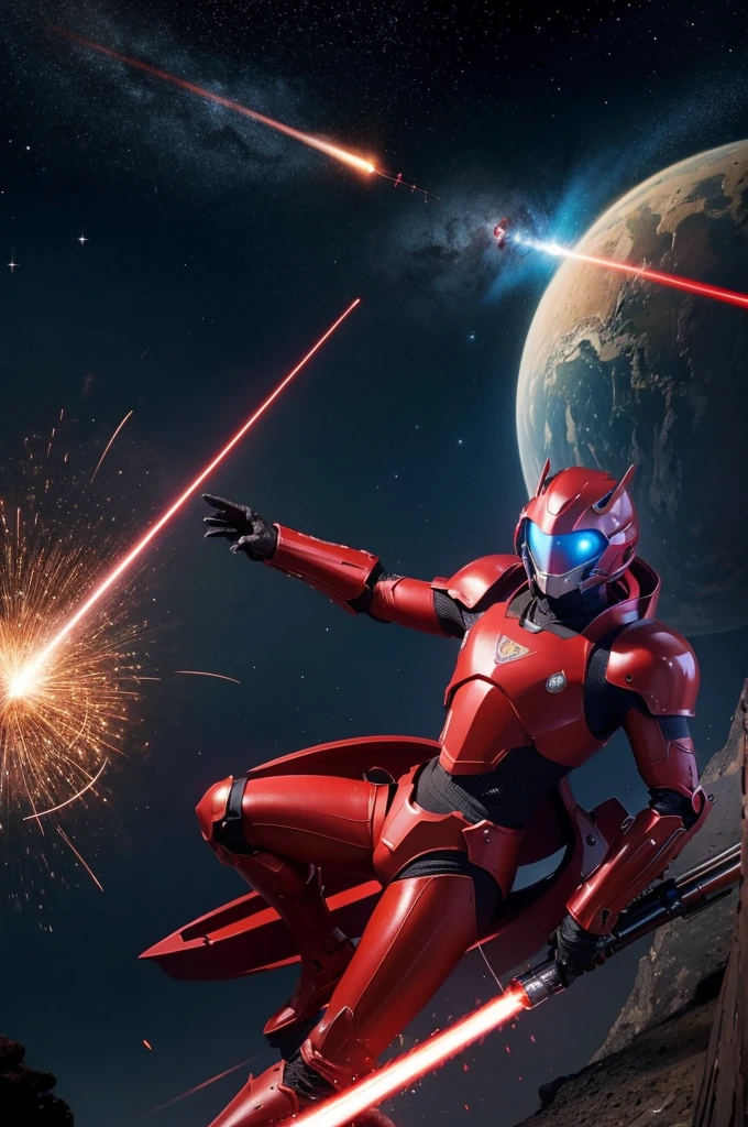 Up,Red armor,milky ways,planet earth,There are a lot of laser cannons,There are floating guns