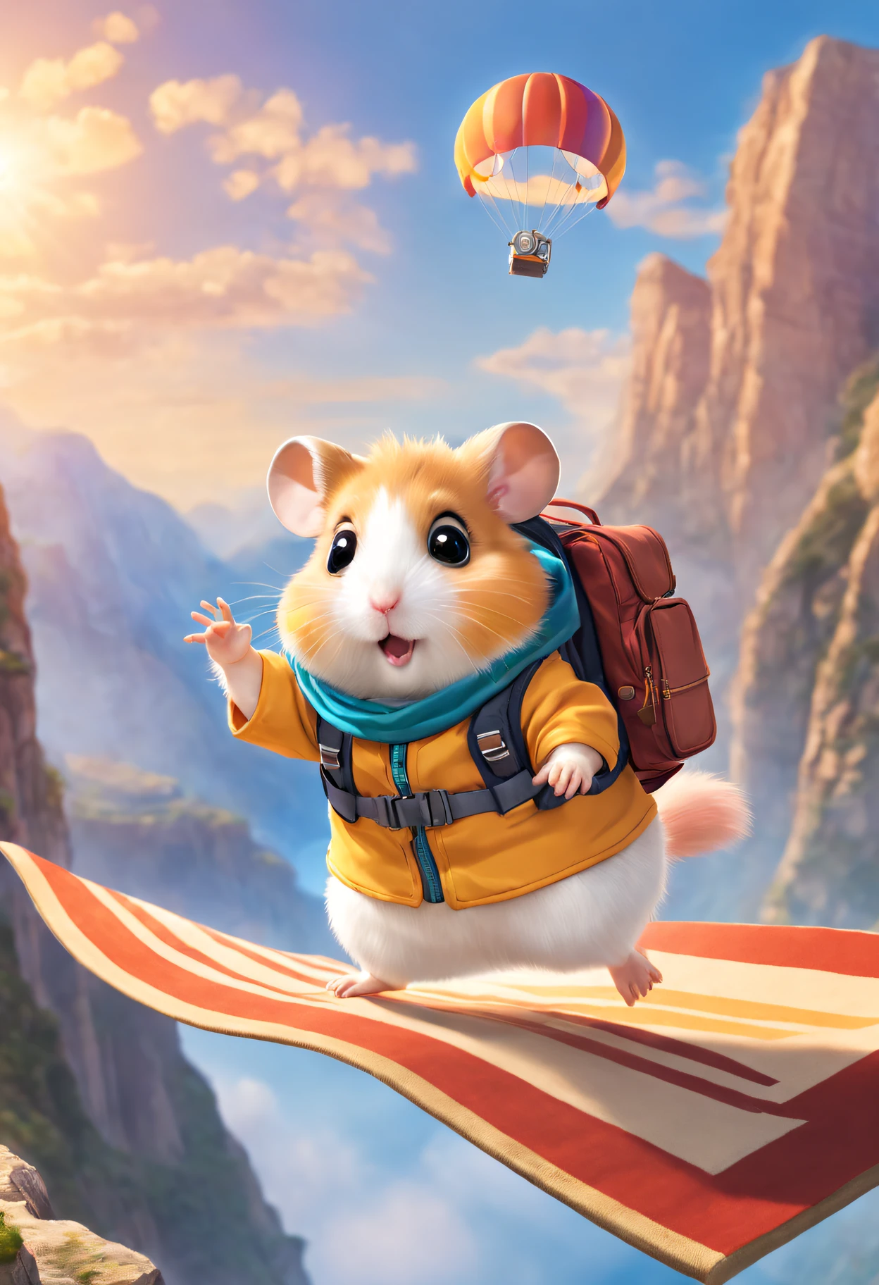 Hamster wearing outdoor adventure suit,Carrying an adventure backpack, Fly through the canyon on a magic carpet,cloud,High hills,the sunset, Inject warmth and vitality into the space,flash and dance.